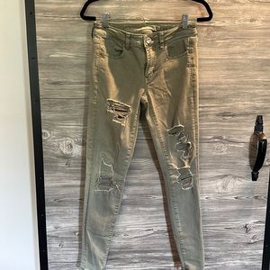 Distressed olive colored jeans - worn once!